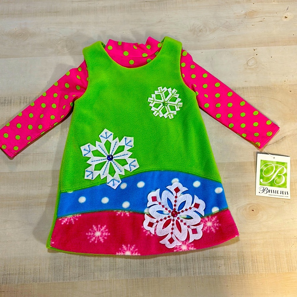 Bonnie Jean 2piece. Embroidered and sequined felt snowflakes on a fleece dress - Picture 1 of 4